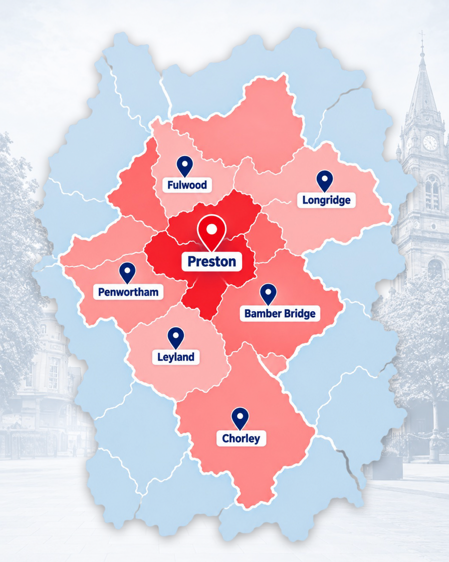 Map of areas covered by Preston Plumbing Services across Lancashire