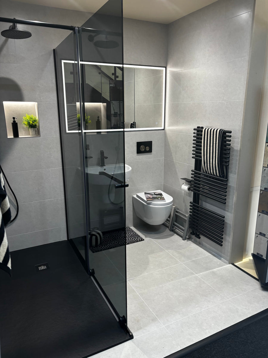 Dark-tile shower room — Preston Plumbing Services